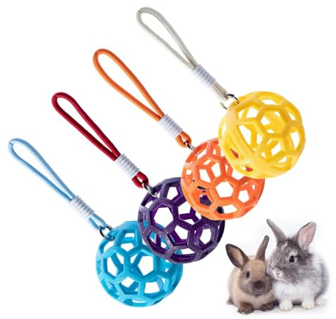 Bunny Haying Balls, Bunny Hay Feeder - Palla da alimentazione del fieno per conigli, 4 pezzi,Piccoli giocattoli da masticazione, accessori in gabbia con cordino per criceti Gerbils per cavie cincillà