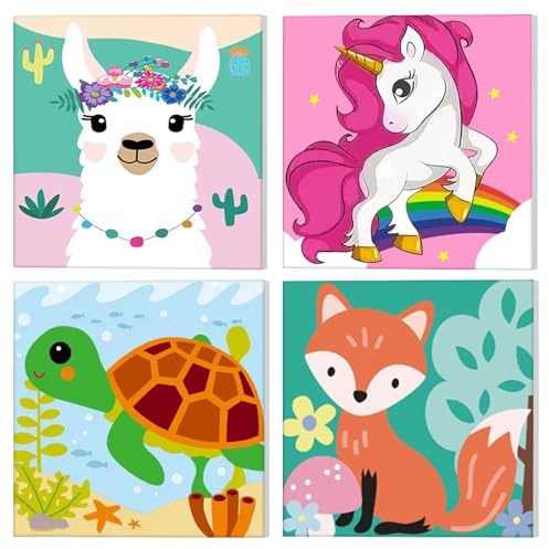 NAIMOER 4Pack Animales Pintar por Numeros y Marco, Lienzos para Niñas Regalos para Niñas Cuadros para Pintar por Numeros, Set Paint by Numbers Dibujos animados 20x20cm