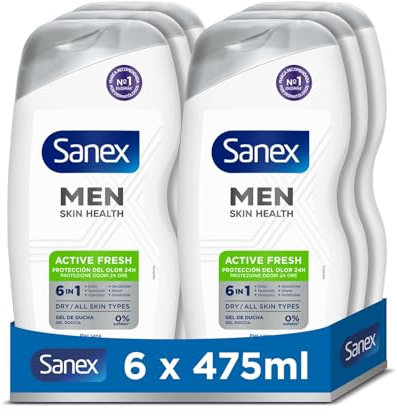 Gel de ducha para hombre Sanex Men Skin Health Active Fresh 6in1 Pack 6 x 475ml| Gel de baño para piel seca | Controla el olor corporal durante 24 horas | Hidrata en profundidad | 0% sulfatos*