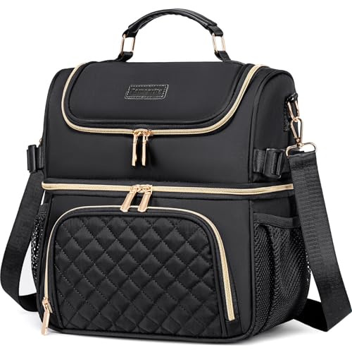 Romenrita Lunch Bags for Women, Dual Compartment Lunch Box Lunch Bag for Work, Leakproof Lunch Cooler Large Insulated Lunchbox for Adult for Women Men, Lunchbag for Picnic Beach (Black)