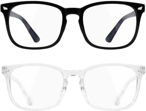 Nelisylux Blue Light Filtering Glasses for Men and Women, 2 Pack Non-Prescription Computer Glasses for Screen Use, Lightweight Fashion Eyeglasses for Office, Reading and Gaming, Black & Clear