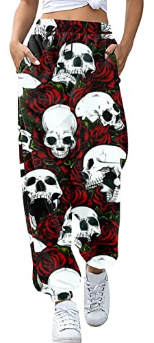 Damen-Sweathose mit Totenkopf-Aufdruck, modisch, lässig, Retro-Sporthose, Trainingsanzug, weite Beine, Jogginghose für Damen, elastische Taille, lockere Sportbekleidung, Gothic-Stil, Longewear