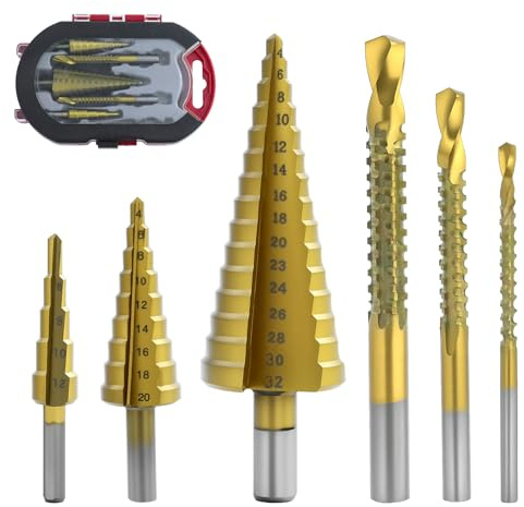 Juego de 6 brocas con revestimiento de titanio HSS,incluye 3 tamaños de brocas escalonadas y 3 tamaños de brocas giratorias con estuche para plástico DIY