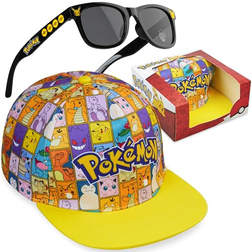 Pokemon Gorra Niño con Gafas de Sol Niño UV400 6-14 Años Set, Gorra Infantil de Verano con Gafas de Sol Niños, Regalo para Gamer (Amarillo/Multi Pokemon Set)