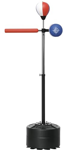 SPORTNOW Punching Ball da Terra per Adulti con Barra Reflex, Speedball e Colpitore, Pungiball da Terra con Altezza Regolabile da 163-205cm, Base Riempibile, Pompa d'aria e Set di Fasce da Polso