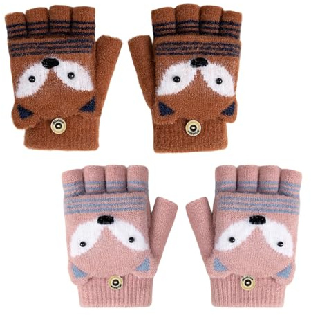 GYIOFAI 2 pares de guantes de invierno sin dedos para niños y niñas, guantes convertibles de zorro de dibujos animados, guantes de punto mágico, elásticos, medio dedo para niñas y niños de 3 a 10 años