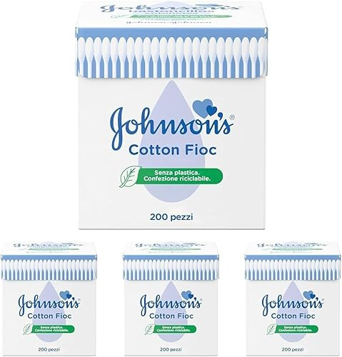 Johnson's Baby Cotton Fioc, Cotton fioc morbidissimi per la pulizia delle aree delicate, Cotton fioc neonato e adulto, Bastoncini in carta e cotone per la pulizia orecchie delicata, 200 Pezzi
