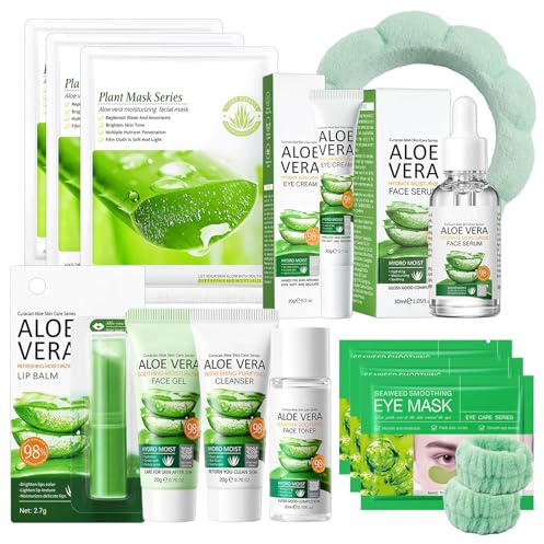 Aloe Vera Skin Care Set 13-teiliges Aloe Vera Gesichtspflege Set mit Serum Gesichtsmaske Lippenbalsam Haarreif und Augenpads das umfassende Beauty Set Frauen für alle Hauttypen
