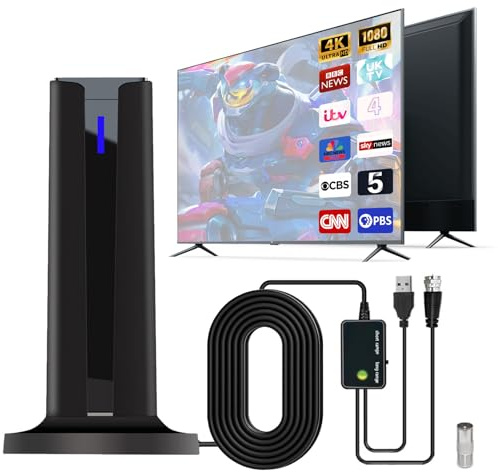 Indoor TV Aerial,Freeview Digital TV Aerial with Smart Amplifier,Magnetic Base, 3-Metre Aable,Reception Range of Over 420 km & 360-degree