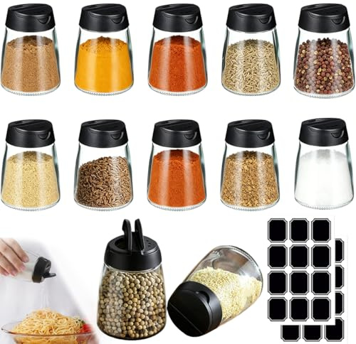 EAAGHK 12 Barattoli Spezie in Vetro 150ml con Coperchio Doppio Dosatore, Portaspezie Cucina con 24 Etichette, Contenitori per Sale Pepe e Spezie, Organizer Spezie in Vetro con Spargitore Fine e Grosso