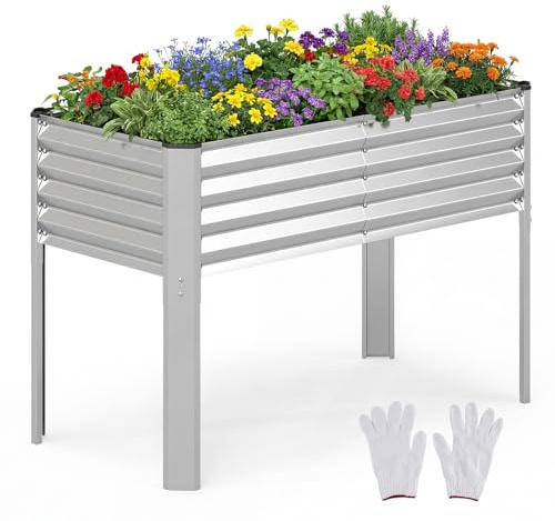 FANTASK Bancal de Metal, 118 x 60 x 77,5 cm, Cama de Flores con Sistema de Drenaje de hasta 50 kg, para Verduras, Frutas, Flores, Hierbas, arriate Elevado para balcón, jardín, terraza (Plata)
