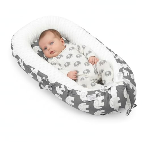 EAQ Nido Bebé Recién Nacido 90 x 50 cm Algodón 100%, Reductor de Cuna Nidos para Recién Nacidos y Bebés, Cuna Cama de Viaje Portátil, Funda Removible y Lavable (elefante)
