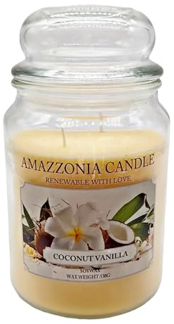 Amazzonia Candle Coconut Vanilla 530 Gr Candela Profumata Naturale in Cera di Soia doppio stoppino in cotone Profumatore per Ambiente Bianca Decorativa Giara in Vetro Yankee village scents