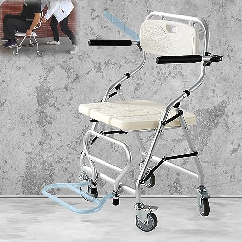 Silla de Ducha con Ruedas para Personas Mayores Plegable, Multiusos Taburete de Ducha con Freno, Silla Ruedas Ducha Ancianos Montaje sin Herramientas, Carga 120kg