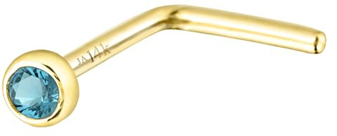 Jewelry Avalanche Solid 14K Yellow Gold L-Shape Stud Bezel Set 1.5mm Blue Topaz 22G L-Bend Nose Stud - December Birthstone Nose Ring Stud LSBZ-TP15YG