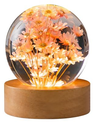 cimsfcor Luce notturna 3D con sfera di cristallo da 6 cm,lampada notturna con base in legno,lampada a sfera di cristallo con margherita,decorazione per la casa,decorazione da tavolo
