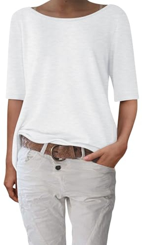 shownicer Tee Shirt Femme Manches Mi-Longues Col Bateau T-Shirt Ete Décontracté Haut Ample Basic Top