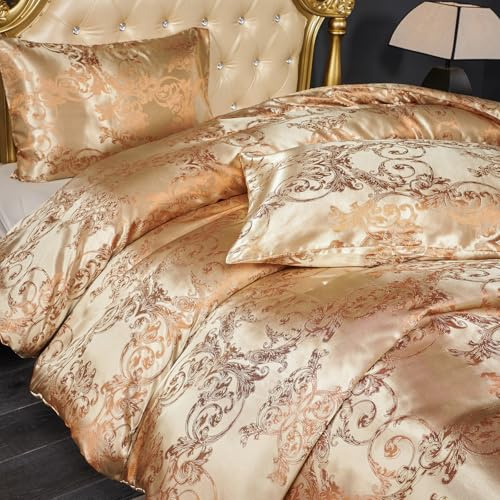 Herside Mörkt gyllene sängkläder set kung lyxigt jacquard-påslakanset barock påslakan blommigt blomtryck land vintage guld sängkläder överdragsset (230 x 220 cm) – 2 örngott