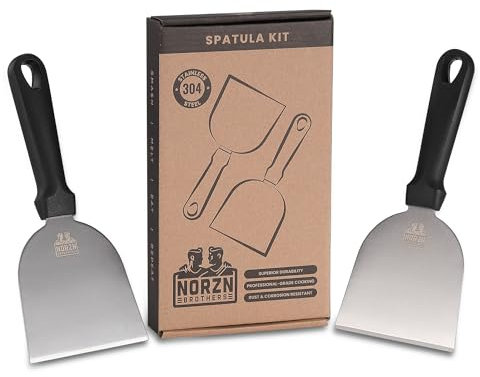 Norzn Brothers 2X Espatula Plancha – Espatula Cocina Acero Inoxidable 304, Espátula Plancha Barbacoa, Parrilla, Teppanyaki Grill, Rasqueta Cocina, Certif. Contacto Alimentos, Garantía 10 Años