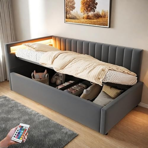 Divano letto imbottito 90x200 con illuminazione a LED e contenitore idraulico, design classico a righe verticali, testiere laterali intercambiabili, velluto, Grigio scuro (materasso non incluso)