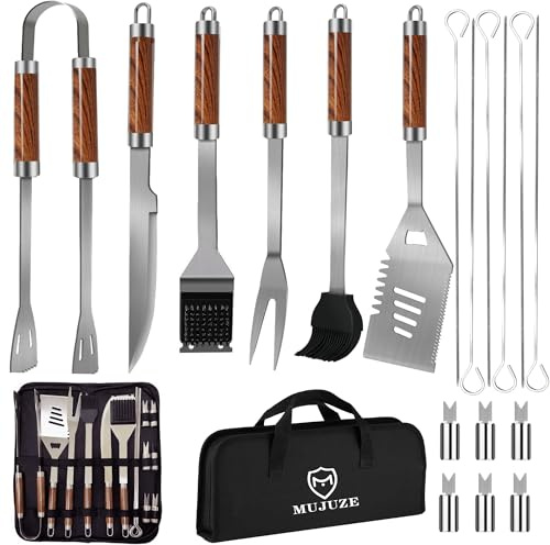 MUJUZE Set Barbecue,Kit Barbecue Professionale Uomo Regalo,in acciaio Inox Set BBQ Accessori,utensili barbecue per All'aperto Campeggio (BBQ 19PC Set)