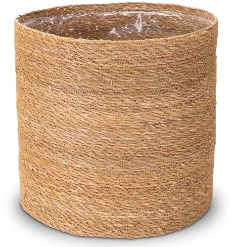 Decorasian Cache-pot en jonc de mer - Pot de fleurs tressé - Panier décoratif avec insert en film - Style bohème - Naturel - 20 cm