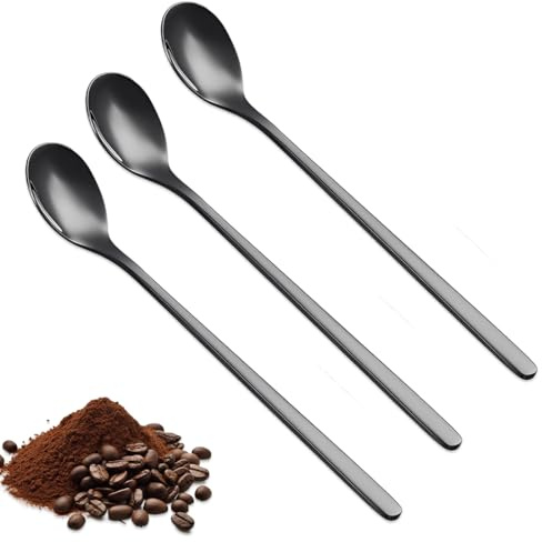 LONZIKP 3 piezas Cucharas de Mango Larga, Agitación de Acero Inoxidable, apto para lavavajillas, té Helado, Cóctel, Latte Macchiato, Postre y Café, Adecuado para Bar, Hogar (24 cm) (Negro)