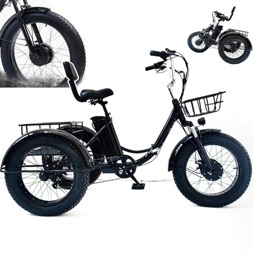 Triciclo eléctrico plegable para adultos, con ruedas anchas de 20'' y cesta para la compra, pantalla LCD digital (velocidad, kilometraje, potencia, tiempo), batería extraíble de 48 V/13 Ah, autonomí