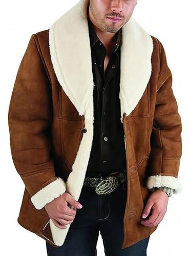 LayerXDesigns Men’s Shearling Brown Suede Leather Marlboro Jacket – Sheepskin Faux Fur Sherpa Winter Trench Coat (US, Alpha, X-Large, Regular, Regular)