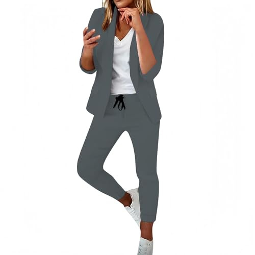 Generisk tvådelad elegant byxdräkt för kvinnor, 2 delar byxdräkt långärmad affärskostym set, långärmad business tracksuit fritidsoverall stora storlekar, långa byxor, fritidsdräkt, Mörkgrå, XS