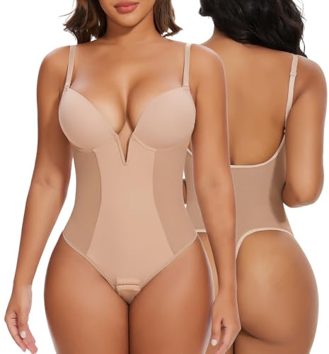 SHAPERIN Body da donna senza schienale con reggiseno, shapewear modellante per la pancia, con scollatura profonda a U, body modellante con spalline, S