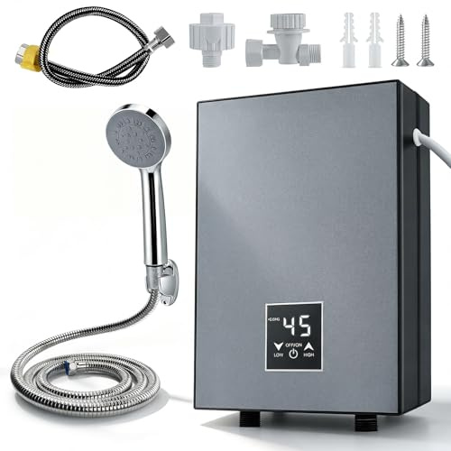 Scaldacqua istantaneo piccolo, 5500 W, 230 V, scaldabagno elettrico regolabile 30-55 °C, mini scaldabagno per cucina, bagno, IPX4, acqua calda istantanea, con sistema doccia (grigio)