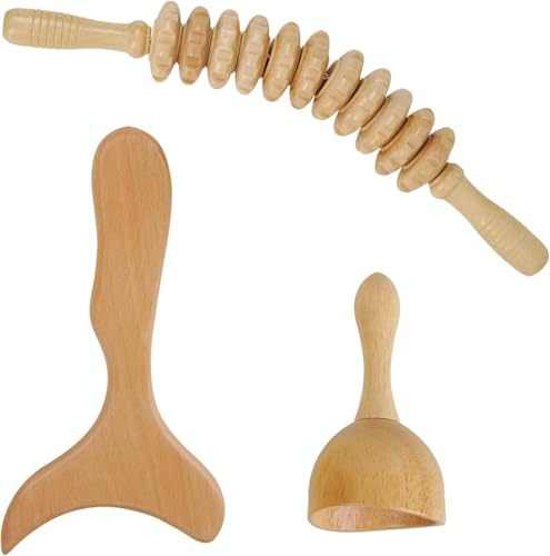 Fascia rulle trä – Gua Sha-stång-set, lymfdränering | Massageskoter, fascia stav i bokträ, anti-celluliter, för rygg och ben, 3-delad inklusive massagekopp, resevänlig