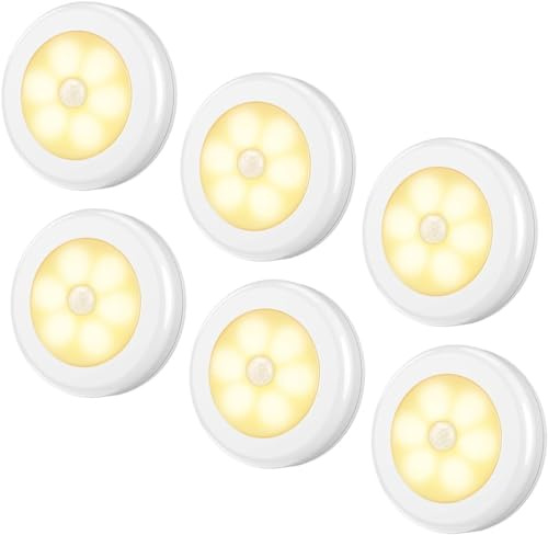AMIR Upgraded 3.15” Motion Sensor Light Indoor, Cordless Battery Powered Stick on LED Night Lights for Closet, Stair, Under Cabinet, Hallway, Kitchen (Warm White - Pack of 6)
