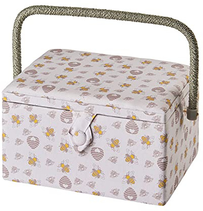 Sewing Online Medium Sewing Box,Honey Bee Fabric | 26 x 18 x 15cm | Storage and Organiser Basket with Compartments for Sewing Supplies,Accessories,Thread,Needles,and Scissors - GA1127M