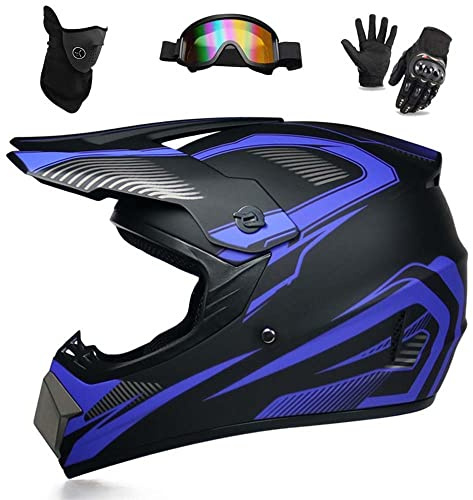 WEITY Casque de Motocross, Lunettes Gants Masque Ensemble, MTB AVT Moto Cross Casque Motocross, Approuvé DOT, Convient aux Adultes, Enfants, Hommes et Femmes (piste bleue,S)