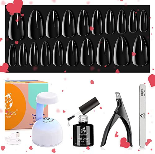 Beetles Easy Gel Tips Extension Kit - 2 in 1 Glue Base Coat, Pre-shaped Medium Almond Nails, UV LED Lamp, Acrylic Clipper for DIY Manicure