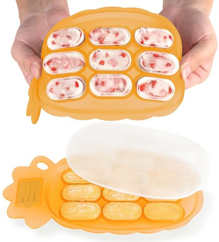 haakaa Bandejas para congeladores de alimentos para bebés, contenedores de almacenamiento de alimentos para bebés, bandeja de cubitos de hielo de silicona con tapa, 4 m + bebé, Naranja