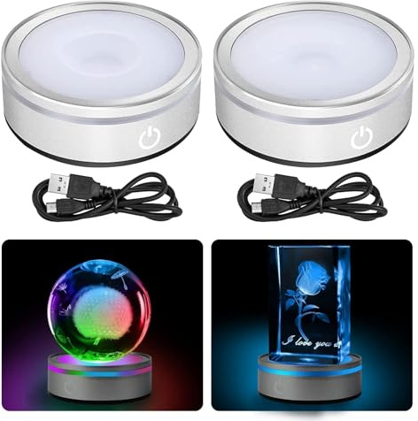 EEEKit LED Light Base, 2 Pack Lighted 6 Colour Round Display Stand for Crystal Glass Art Flat Concave Base