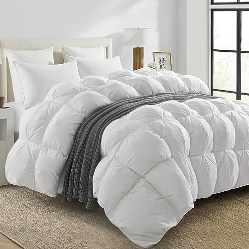 UNIKOME Goose Feather Down Fiber Comforter - 20% Extra Fill, All Season King Size Duvet Insert with 100% Cotton Cover, Cloud-Like Fluffiness (106X90, White)