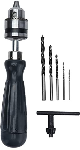 Trapano a Manovella con 5 Punte da 0,6 a 6 mm, Trapano Manuale in Acciaio al Carbonio con Mandrino a Chiave, Mini Trapano a Morsetto per Legno, Plastica e Gioielli