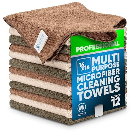 MW Pro Multi-Surface Microfiber Towel – Sand, Olive, Tan 12 Pack |16x16 Premium Cleaning Cloth | Clean, Dust, Polish, Absorb | Large