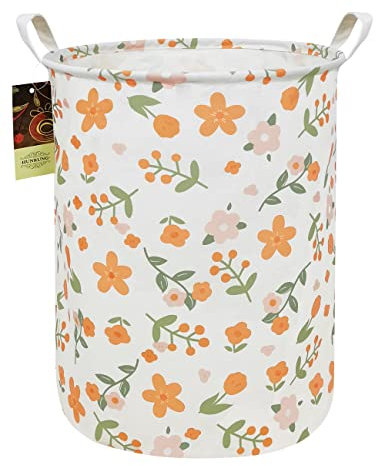 HUNRUNG Wäschekorb, großer Leinenstoff, leichter Aufbewahrungskorb, Spielzeug-Organizer, schmutzige Kleidung, faltbar, wasserdicht, für Studentenwohnheime, Kinderzimmer, Badezimmer (rund, orangefarben