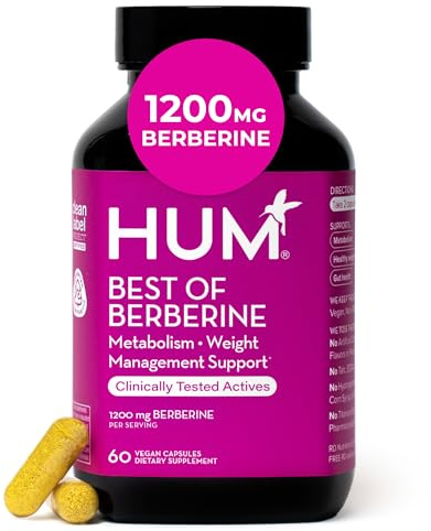 HUM Best of Berberine Supplement 1200mg, Pure Potency for Metabolic Wellness, Gut Health, Pure Berberine Supplements Enhanced with BioPerine for Maximum Absorption, 60 Capsules