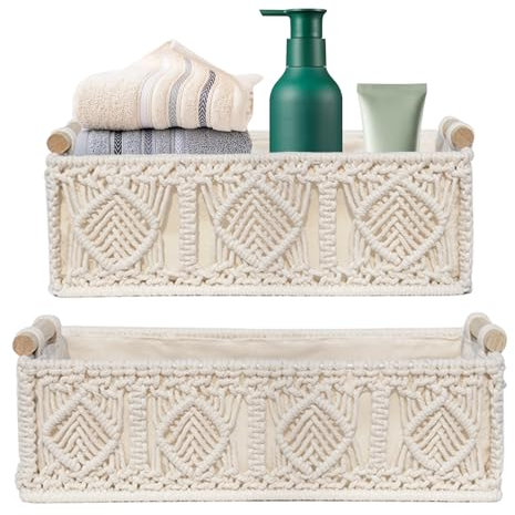 Sporgo 2 Stück Makramee Aufbewahrungskörbe: Boho Aufbewahrungskorb mit Holzgriff Badezimmer Aufbewahrung Korb, Hand Geflochtener Korb Makramee Basket Set für Badezimmer, Schlafzimmer und Schrank