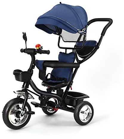 Dreirad 4 in 1, Dreirad ab 9 Monate bis 25 kg, Kinderdreirad mit Schubstange, Drehbarer Sitz Vorwärts und Rückwärtsfahrt, Ausklappbarem Verdeck, Höhenverstellbar Elterngriff (Navy Blau)