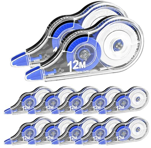 Frevoitna 12 Pezzi Bianchetto a Nastro,Correttore a Nastroes può Essere Rifornito,Scolorina Nastro,Correzione Nastro Tipo a Rullo,Correction Tape 12 Metri,per Studis e Lavoro,Modello blu