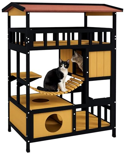 PawHut Casa para Gatos de Madera 84x60x116 cm Caseta para Gatos de 4 Niveles con Puente Colgante Balcón y Techo Asfáltico para Exterior e Interior Natural