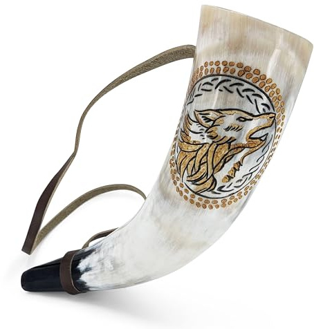 Norse Tradesman Viking War Horn – 12 Blow Horn Battle Trumpet Crafted from Authentic Premium Ox Horn – Hand Engraved with Norse Wolves – A Stirring Piece of History – The Howler