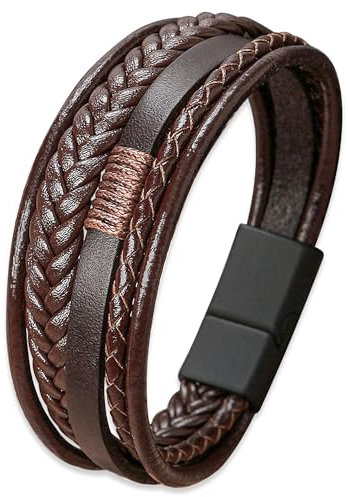Mochity Herren Armreif - Armband aus Leder in Schwarz, Braun und Blau - Geflochtenes Armband Schmuck für Herren (Stil B, Braun)